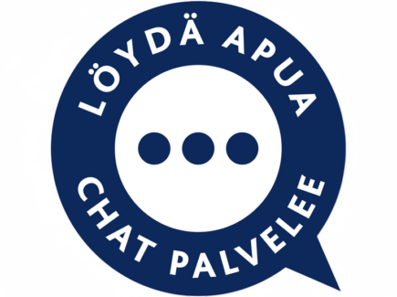 Chat-kuvake, sininen ympyrä kuin pelastusrengas, jossa lukee "Löydä apua - chat palvelee". Renkaan keskellä kolme pistettä vaakasuorassa.