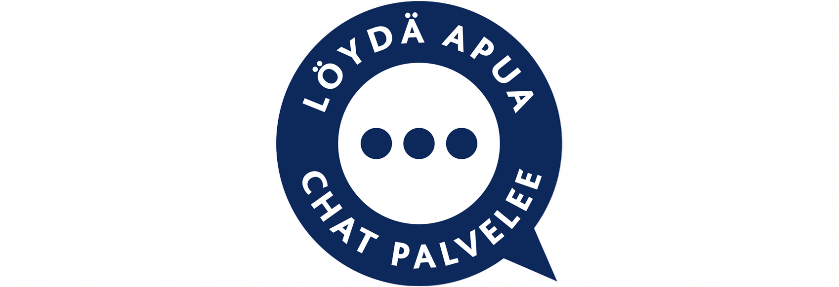 Chat-kuvake, sininen ympyrä kuin pelastusrengas, jossa lukee "Löydä apua - chat palvelee". Renkaan keskellä kolme pistettä vaakasuorassa.